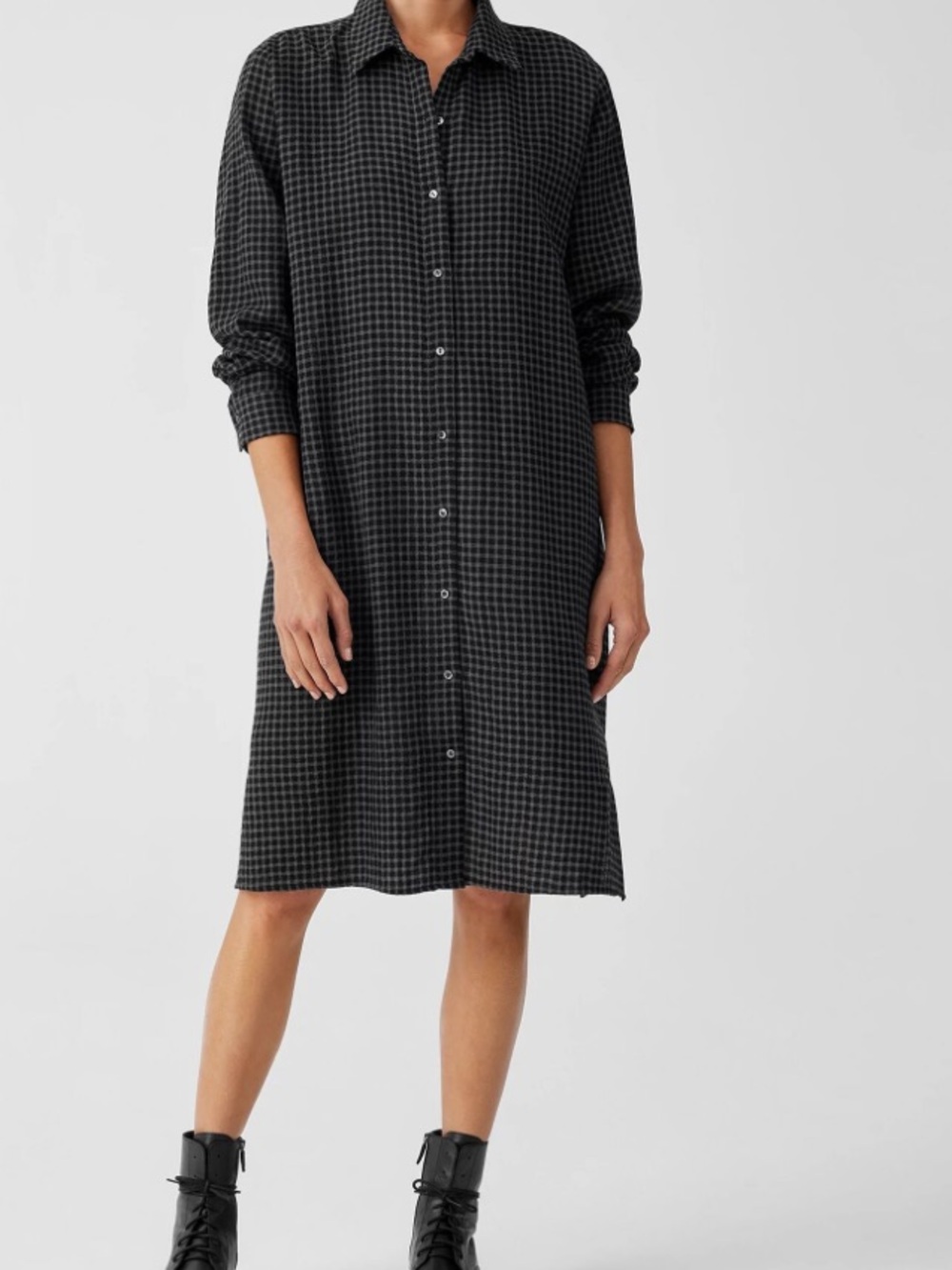 Eileen Fisher Wool Cotton Check Classic Shirtdress  Midi Plaid Black Gray  L